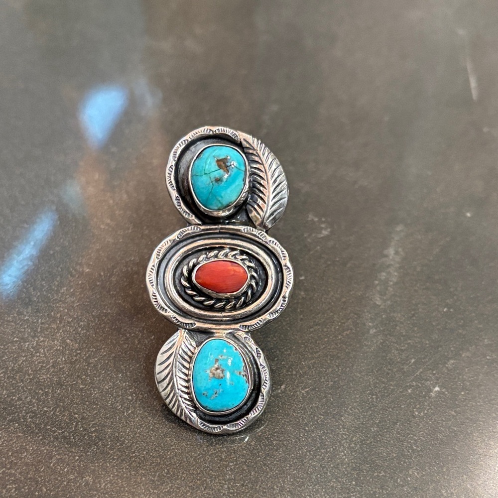 Turquoise and Coral Sterling Silver Statement Ring - Women Jewelry